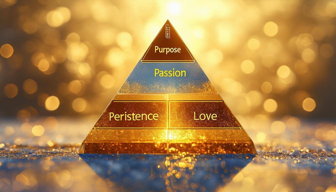 A photorealistic pyramid structure with each corner labeled Purpose, Passion, Persistence, and Love
