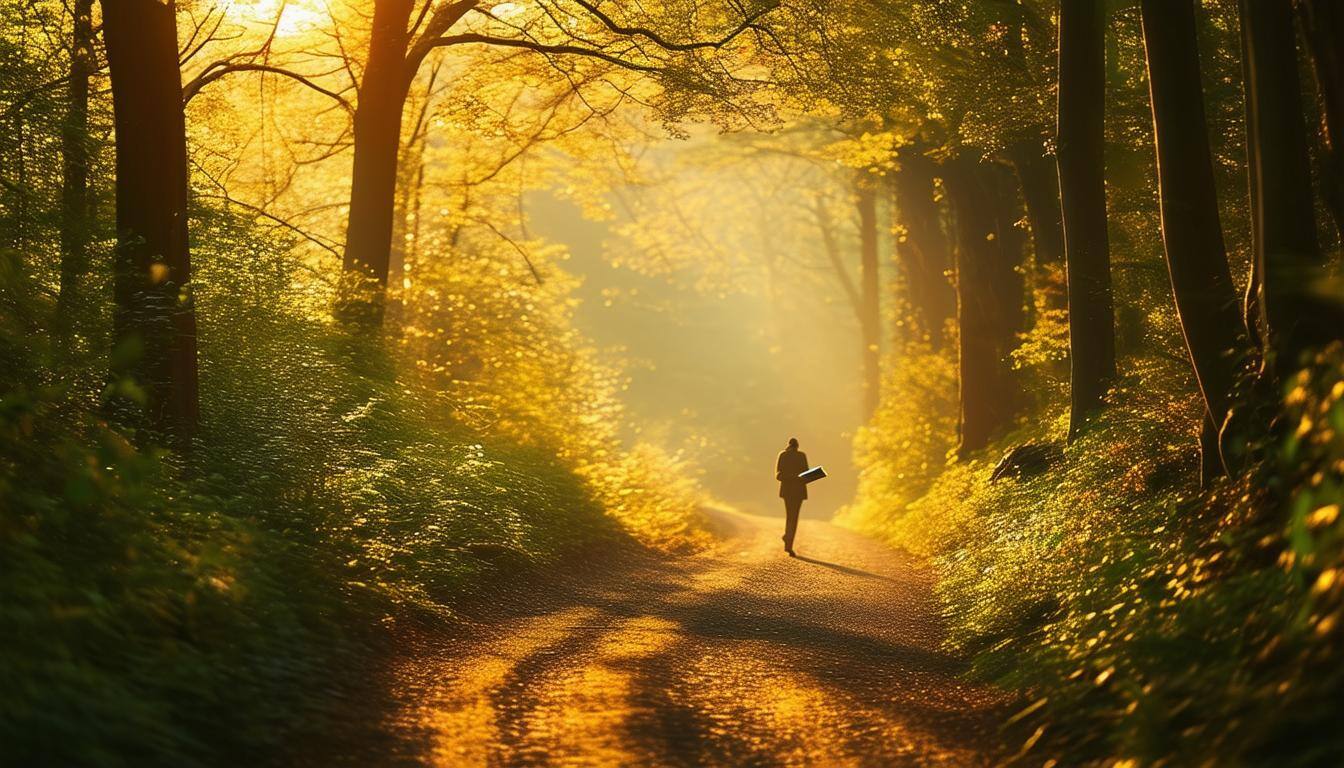 A serene pathway winding through a lush forest, bathed in golden sunlight filtering through the trees