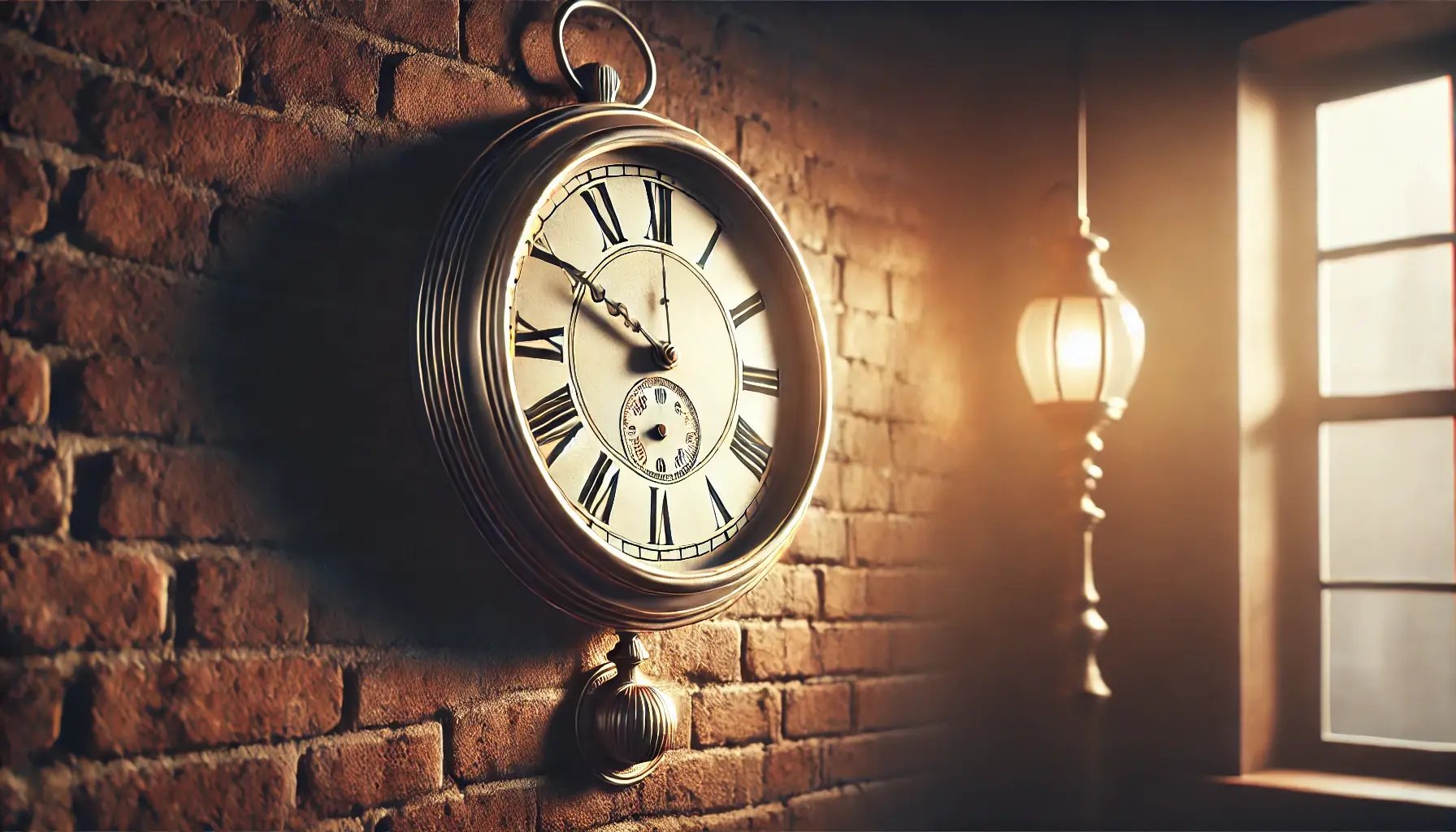 DALL·E 2025-01-28 15.25.17 - A photorealistic image representing time, featuring a vintage wall clock hanging on an aged brick wall. Soft, moody lighting highlights the clocks in